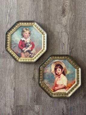 Vintage Art Prints on Biscuit Tin Lids Victorian Portraits Metal Paintings